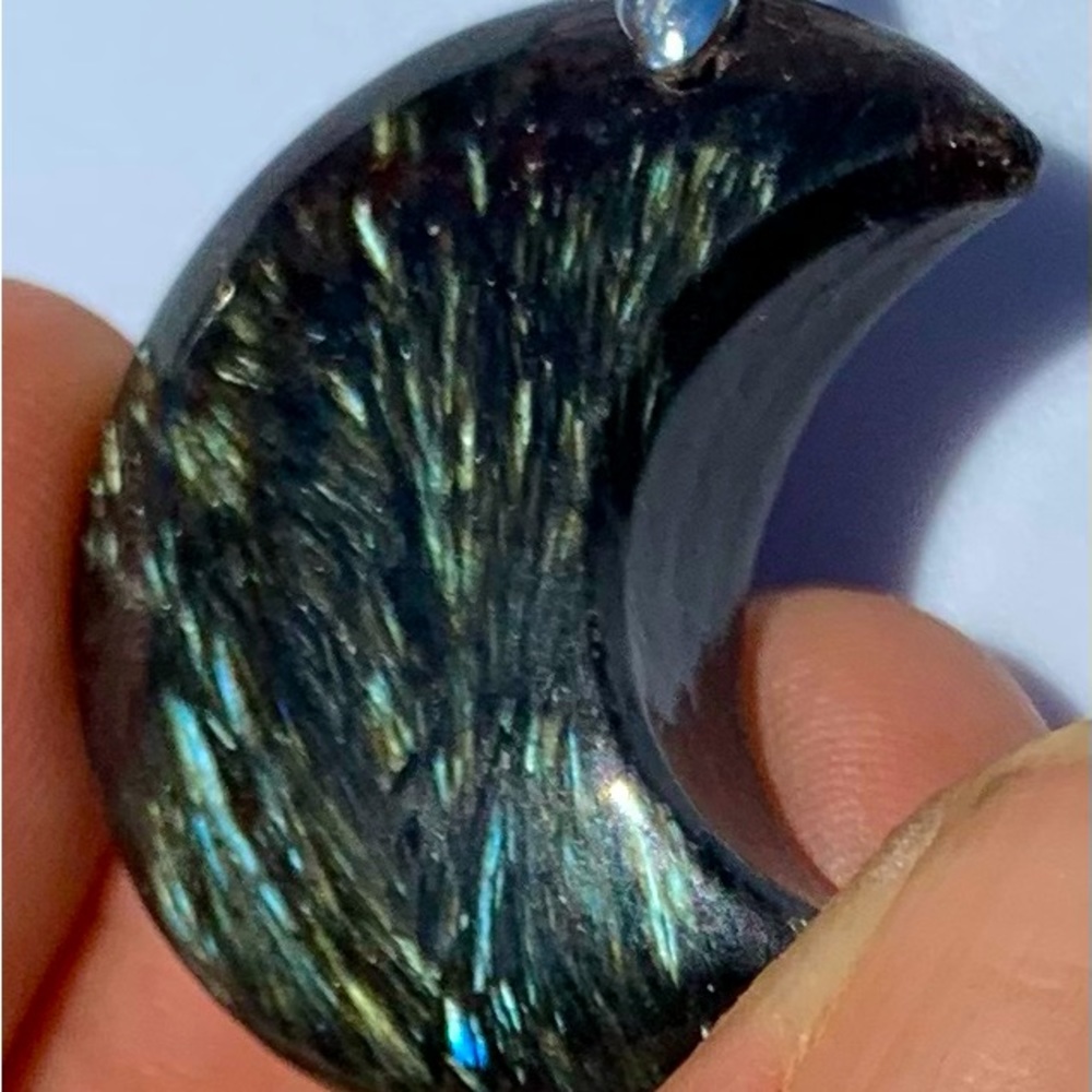 Genuine Arfvedsonite Moon Pendant on Stainless Steel Chain